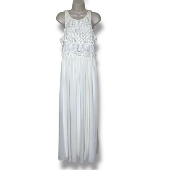 Belle Badgley Mischka Crochet Lace Sleeveless Maxi Chiffon Ivory Dress 10 FLAWS - Picture 14 of 15